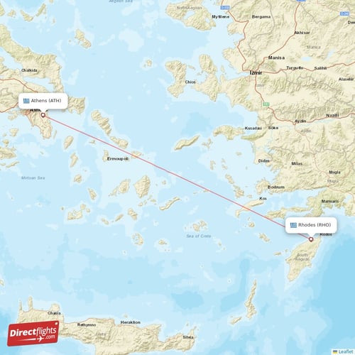 Athens - Rhodes direct flight map