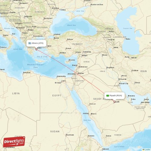 Athens - Riyadh direct flight map