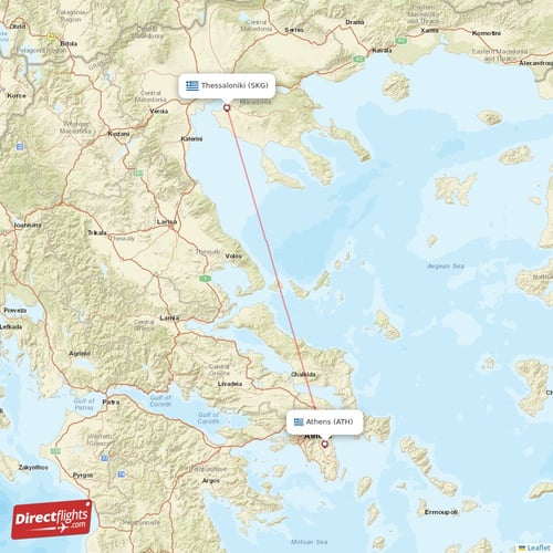 Athens - Thessaloniki direct flight map