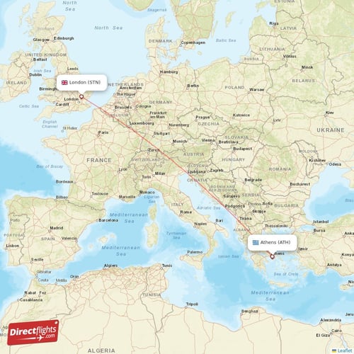 Athens - London direct flight map