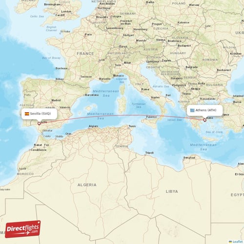 Athens - Sevilla direct flight map
