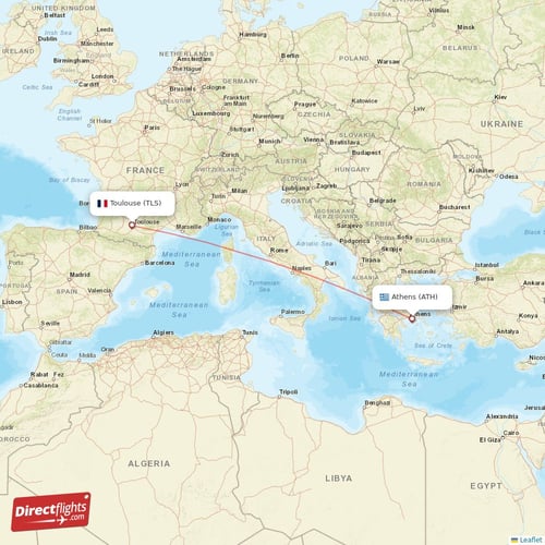 Athens - Toulouse direct flight map