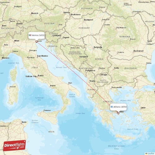Athens - Venice direct flight map