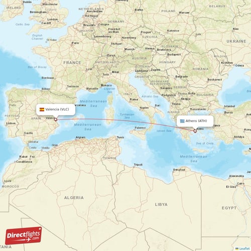 Athens - Valencia direct flight map