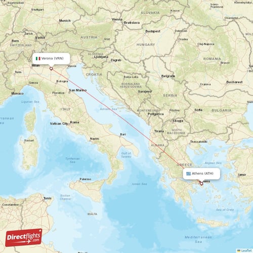 Athens - Verona direct flight map