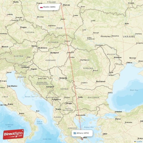 Athens - Modlin direct flight map