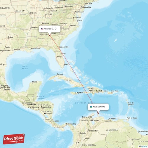 Atlanta - Aruba direct flight map
