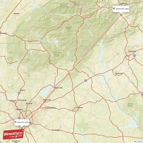 Atlanta - Asheville direct flight map