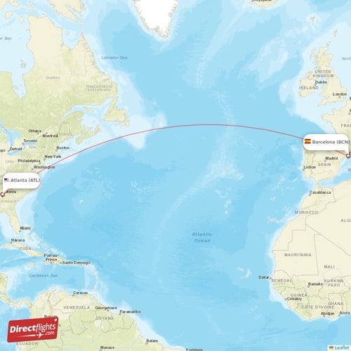 Atlanta - Barcelona direct flight map
