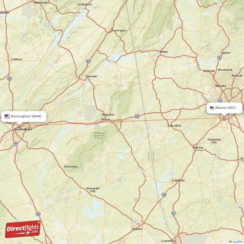 Atlanta - Birmingham direct flight map