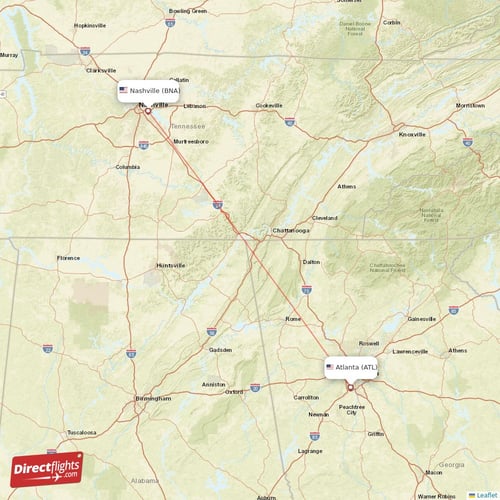 Atlanta - Nashville direct flight map