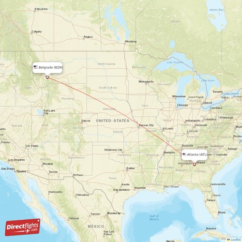 Atlanta - Bozeman direct flight map
