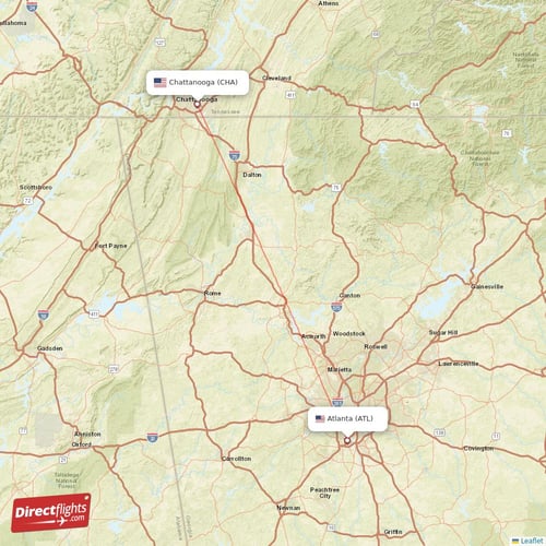 Atlanta - Chattanooga direct flight map