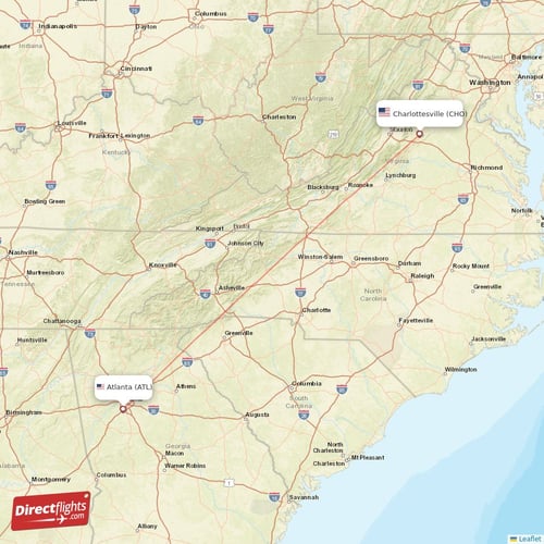 Atlanta - Charlottesville direct flight map