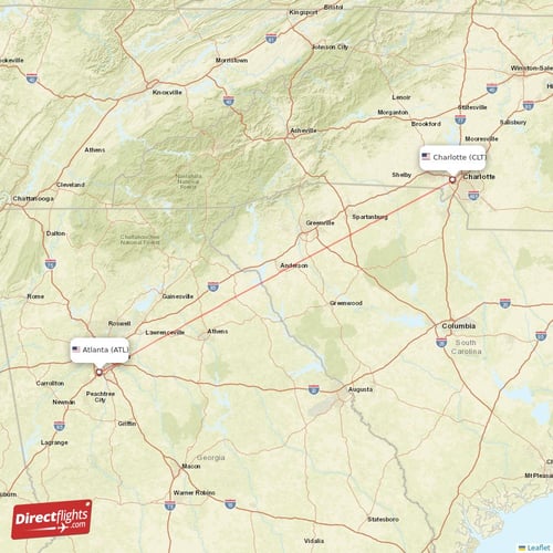 Atlanta - Charlotte direct flight map