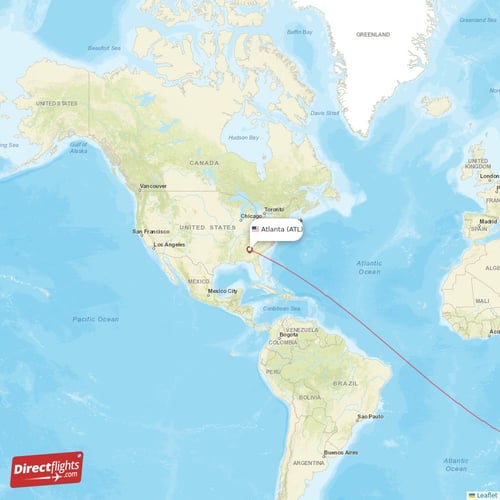 Atlanta - Cape Town direct flight map