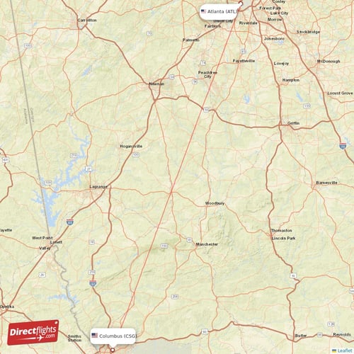 Atlanta - Columbus direct flight map