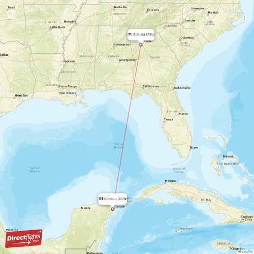 Atlanta - Cancun direct flight map