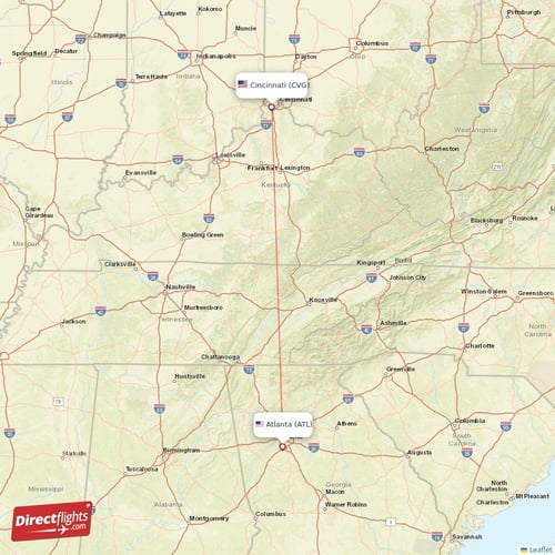 Atlanta - Cincinnati direct flight map