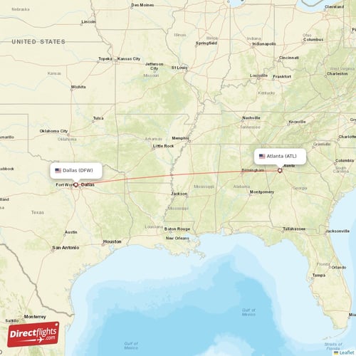 Atlanta - Dallas direct flight map