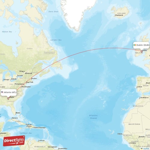 Atlanta - Dublin direct flight map