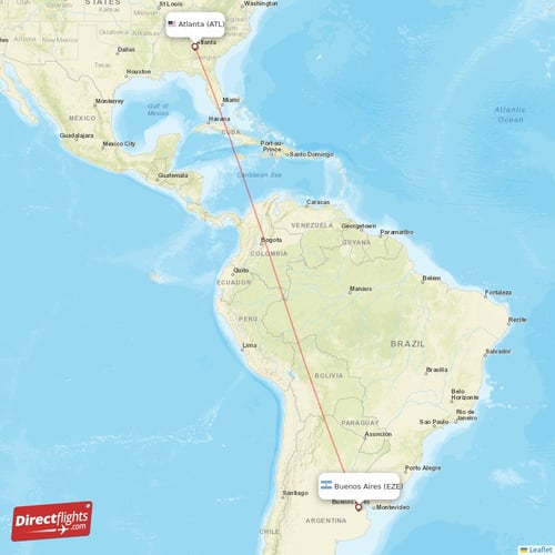 Atlanta - Buenos Aires direct flight map