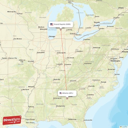 Atlanta - Grand Rapids direct flight map