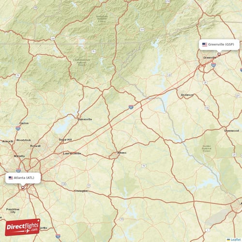 Atlanta - Greenville direct flight map