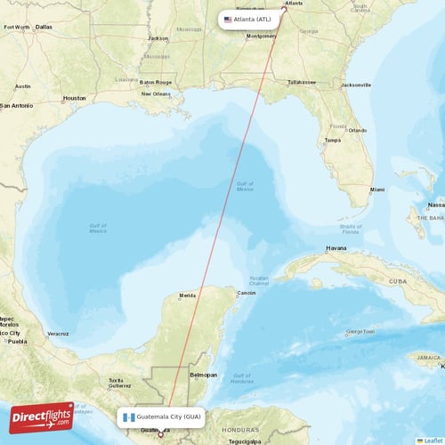 Atlanta - Guatemala City direct flight map