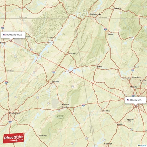 Atlanta - Huntsville direct flight map