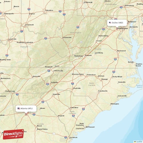 Atlanta - Dulles direct flight map