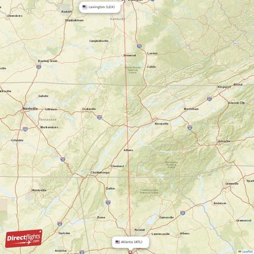 Atlanta - Lexington direct flight map