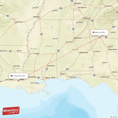 Atlanta - Lafayette direct flight map