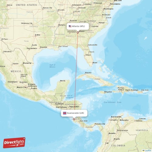 Atlanta - Guanacaste direct flight map