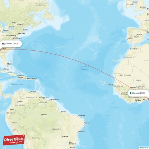 Atlanta - Lagos direct flight map