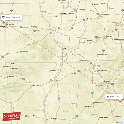 Atlanta - Kansas City direct flight map