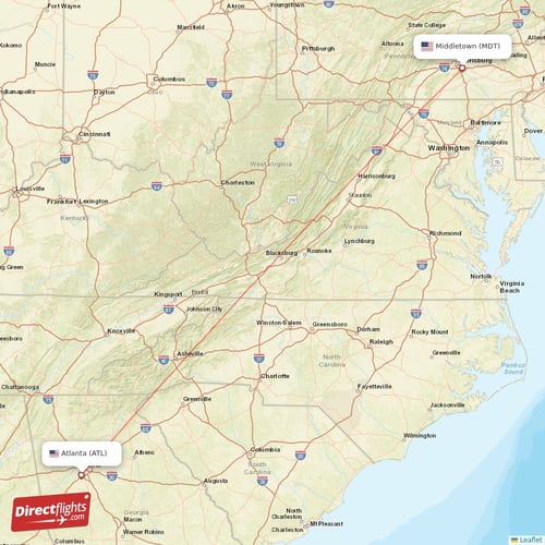 Atlanta - Middletown direct flight map