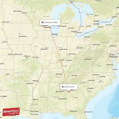 Atlanta - Milwaukee direct flight map