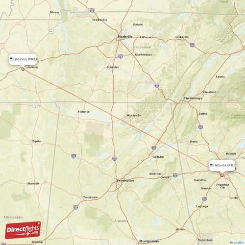 Atlanta - Jackson direct flight map