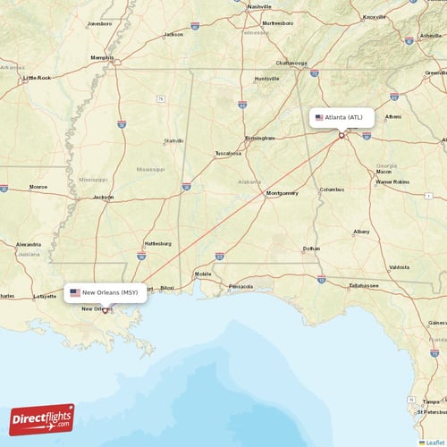 Atlanta - New Orleans direct flight map