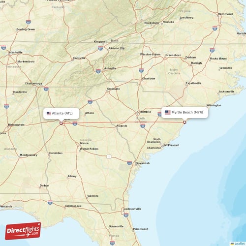 Atlanta - Myrtle Beach direct flight map