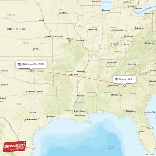 Atlanta - Oklahoma City direct flight map