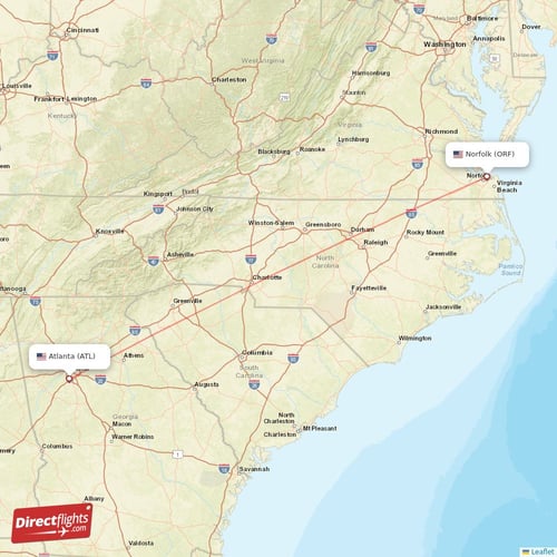 Atlanta - Norfolk direct flight map
