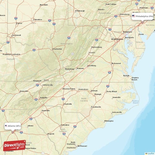 Atlanta - Philadelphia direct flight map