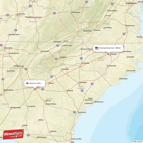 Atlanta - Raleigh/Durham direct flight map