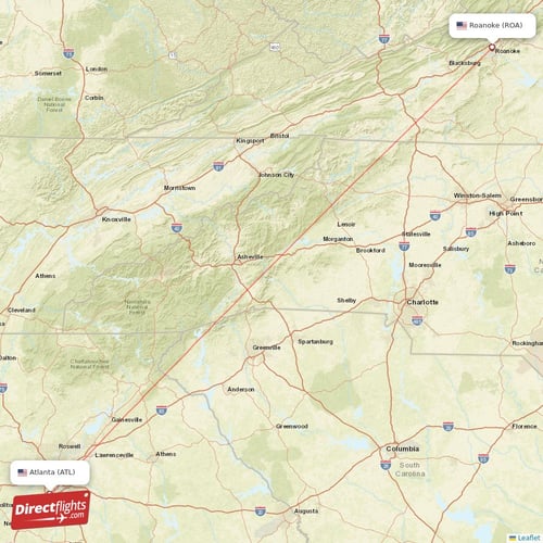 Atlanta - Roanoke direct flight map