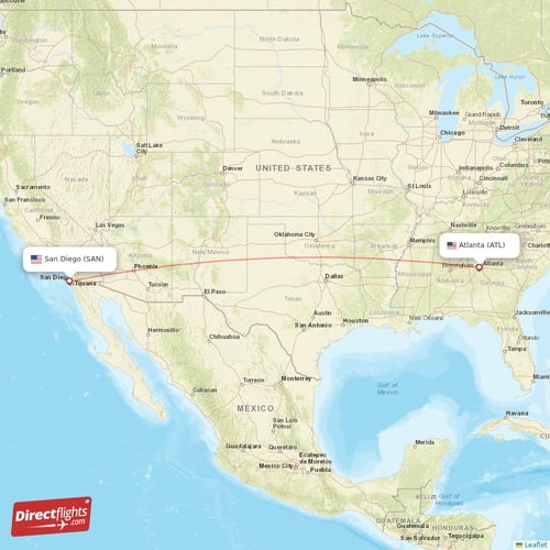 Atlanta - San Diego direct flight map