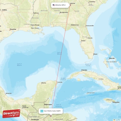 Atlanta - San Pedro Sula direct flight map