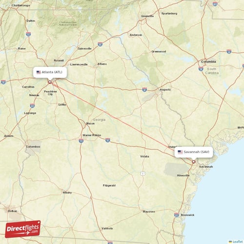 Atlanta - Savannah direct flight map