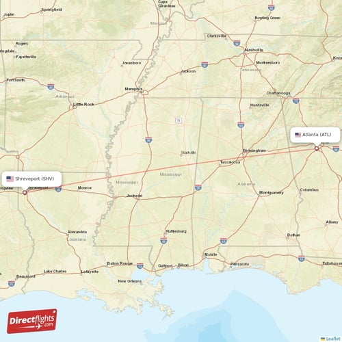 Atlanta - Shreveport direct flight map